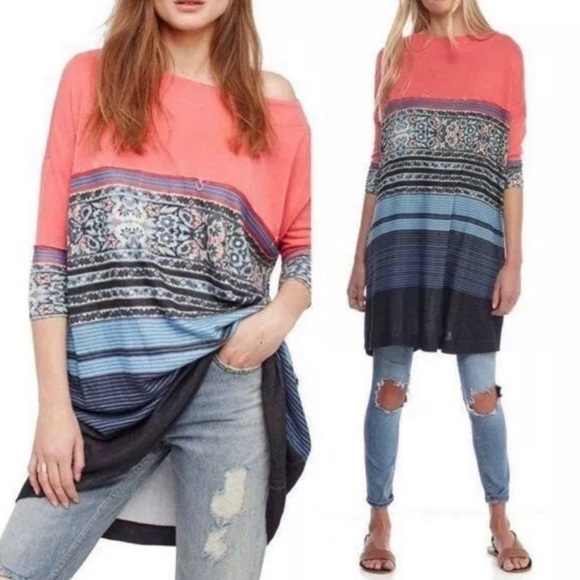 Free People Steppin Out Tunic Shift Dress Small 3/4 Sleeves Oversized Pocket - Picture 2 of 10